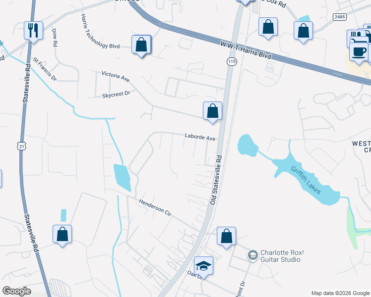 map of restaurants, bars, coffee shops, grocery stores, and more near 7800 Ocala Road in Charlotte