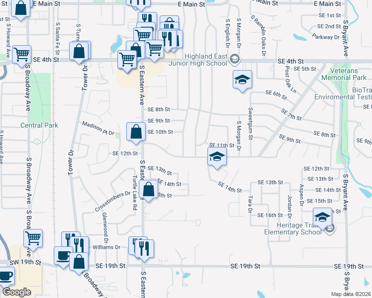 map of restaurants, bars, coffee shops, grocery stores, and more near 1204 South Patterson Drive in Moore