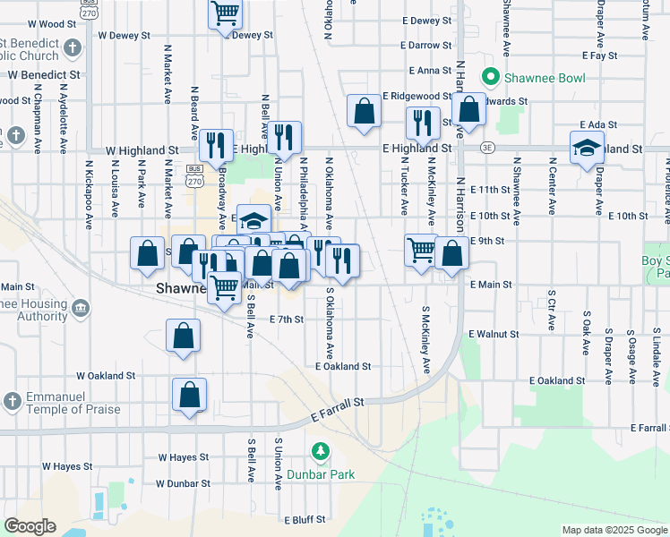 map of restaurants, bars, coffee shops, grocery stores, and more near 117 North Oklahoma Avenue in Shawnee