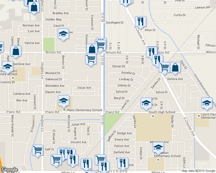map of restaurants, bars, coffee shops, grocery stores, and more near 3005 South I Street in Bakersfield