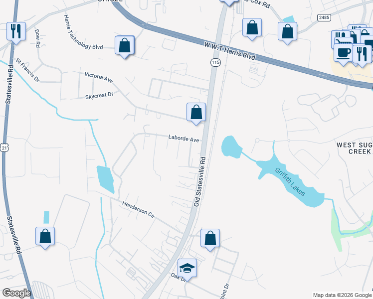 map of restaurants, bars, coffee shops, grocery stores, and more near 7805 Casa Loma Road in Charlotte