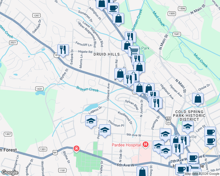 map of restaurants, bars, coffee shops, grocery stores, and more near 1492 Orleans Avenue in Hendersonville