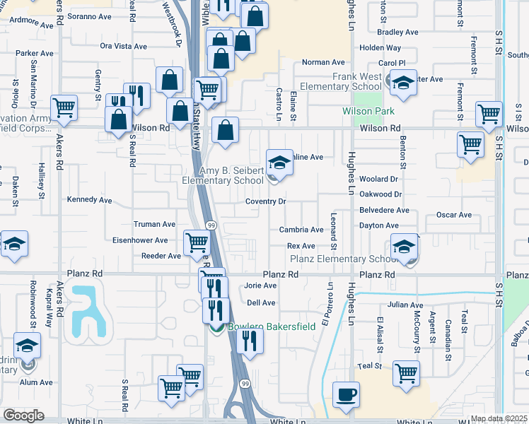 map of restaurants, bars, coffee shops, grocery stores, and more near 2909 Agate Street in Bakersfield