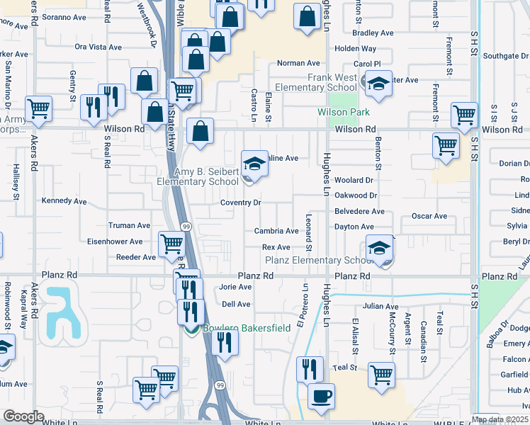 map of restaurants, bars, coffee shops, grocery stores, and more near 2908 Belhaven Street in Bakersfield