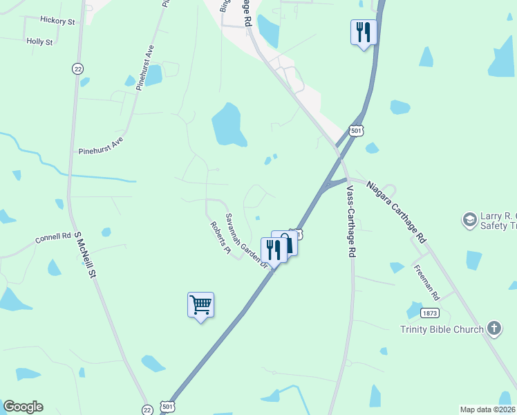 map of restaurants, bars, coffee shops, grocery stores, and more near 228 Savannah Garden Drive in Carthage