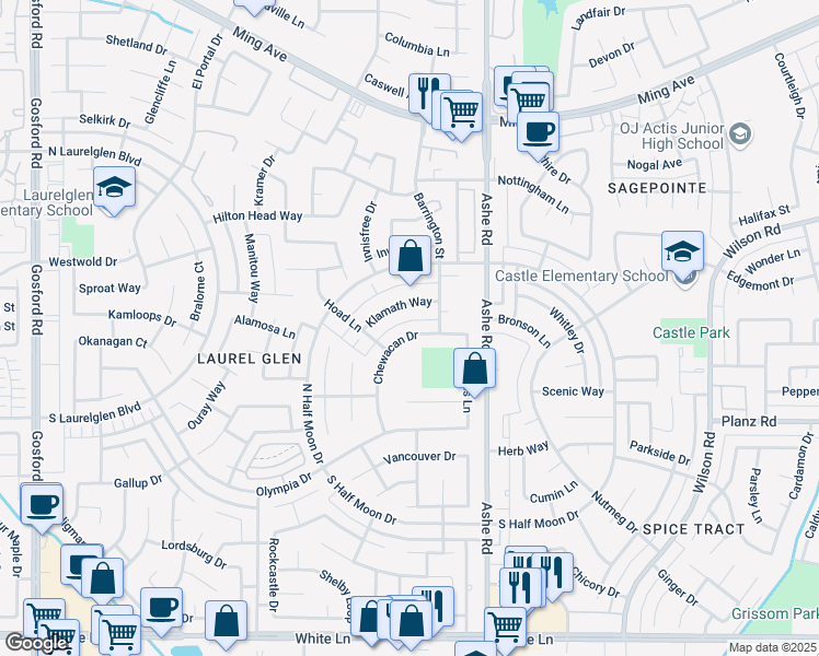 map of restaurants, bars, coffee shops, grocery stores, and more near 6516 Chewacan Drive in Bakersfield