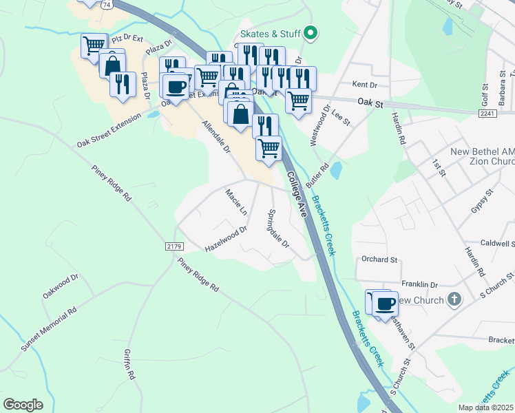 map of restaurants, bars, coffee shops, grocery stores, and more near 145 Hazelwood Drive in Forest City