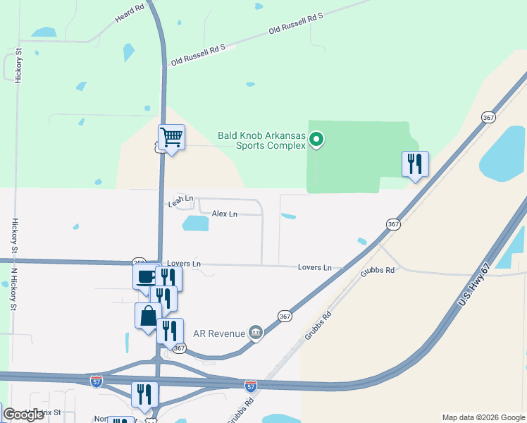 map of restaurants, bars, coffee shops, grocery stores, and more near 160 Leah Lane in Bald Knob