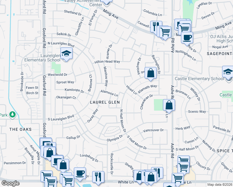map of restaurants, bars, coffee shops, grocery stores, and more near 3005 Boulder Lane in Bakersfield