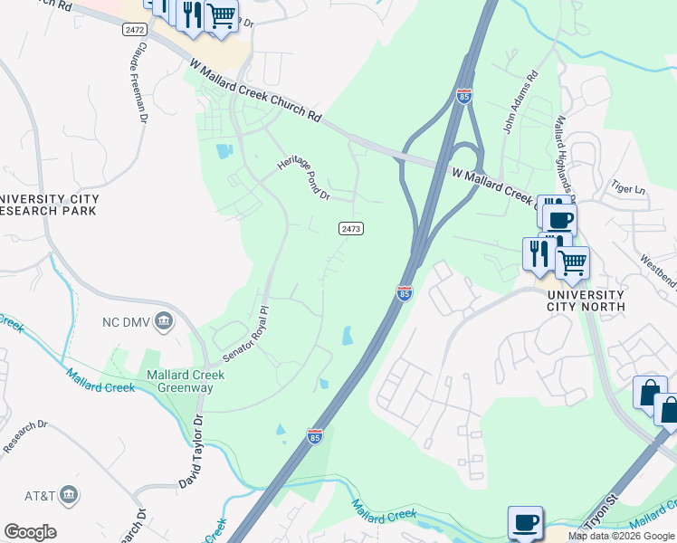 map of restaurants, bars, coffee shops, grocery stores, and more near 9134 Legranger Road in Charlotte