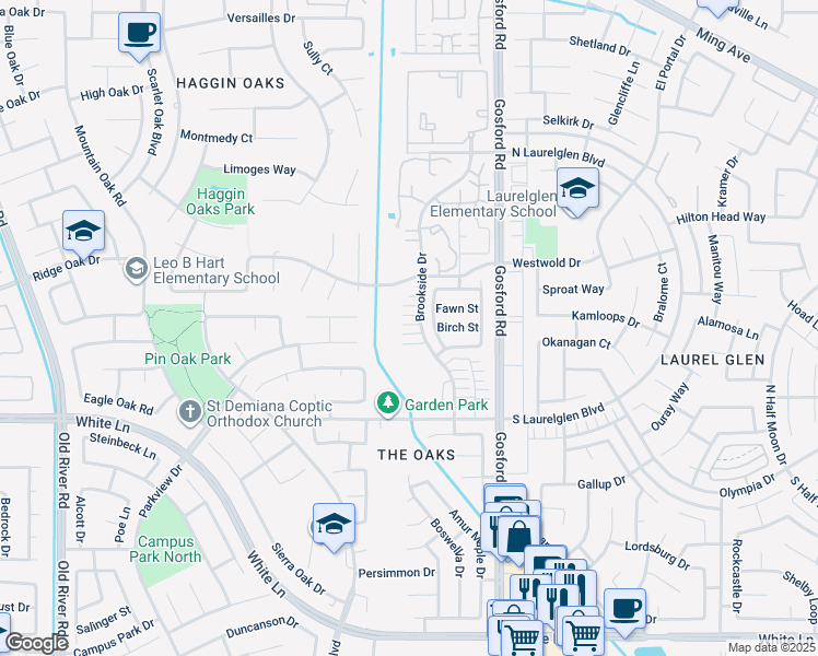map of restaurants, bars, coffee shops, grocery stores, and more near 2933 Brookside Drive in Bakersfield