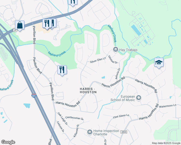 map of restaurants, bars, coffee shops, grocery stores, and more near 3622 Chepstow Court in Charlotte