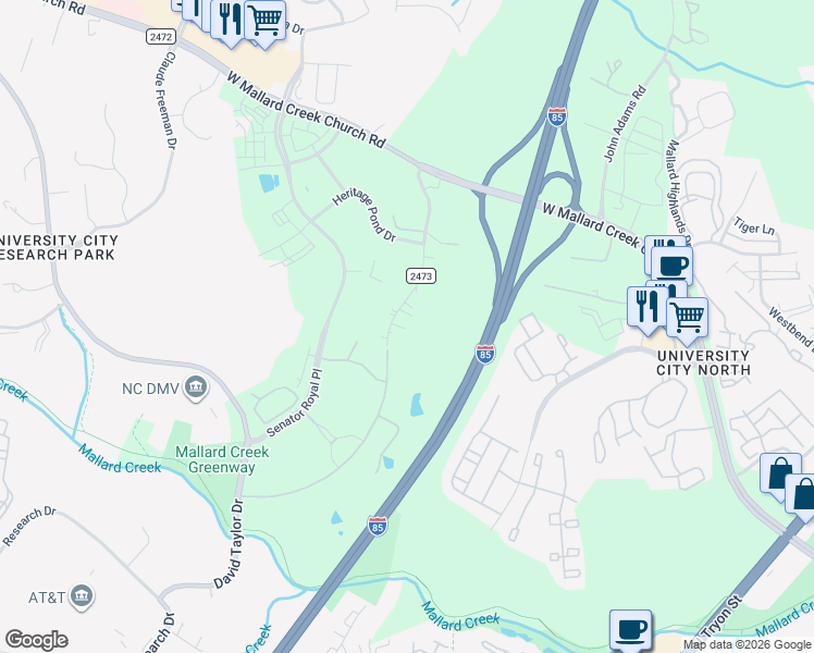 map of restaurants, bars, coffee shops, grocery stores, and more near 9134 Legranger Road in Charlotte