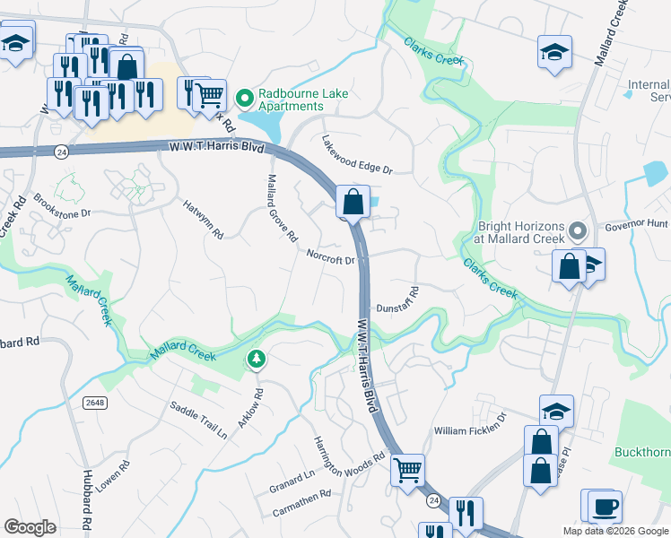 map of restaurants, bars, coffee shops, grocery stores, and more near 8219 Charles Crawford Drive in Charlotte