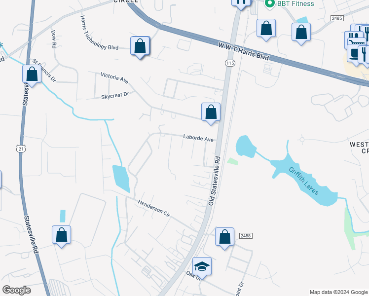 map of restaurants, bars, coffee shops, grocery stores, and more near 7720 Ocala Road in Charlotte