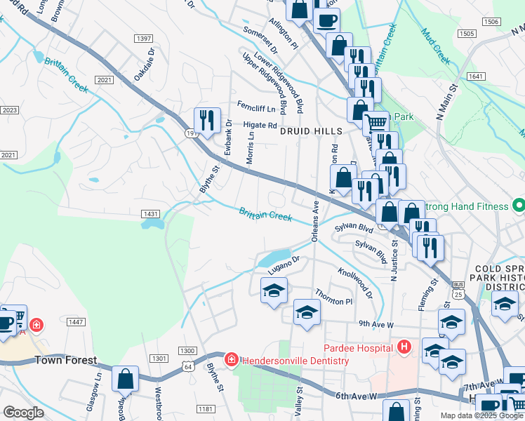 map of restaurants, bars, coffee shops, grocery stores, and more near 1066 Maplewood Court in Hendersonville