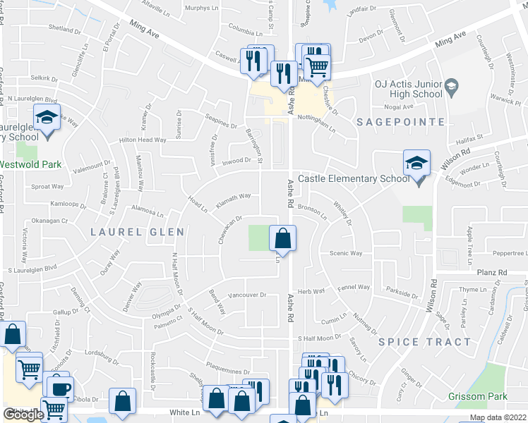 map of restaurants, bars, coffee shops, grocery stores, and more near 6416 Chewacan Drive in Bakersfield