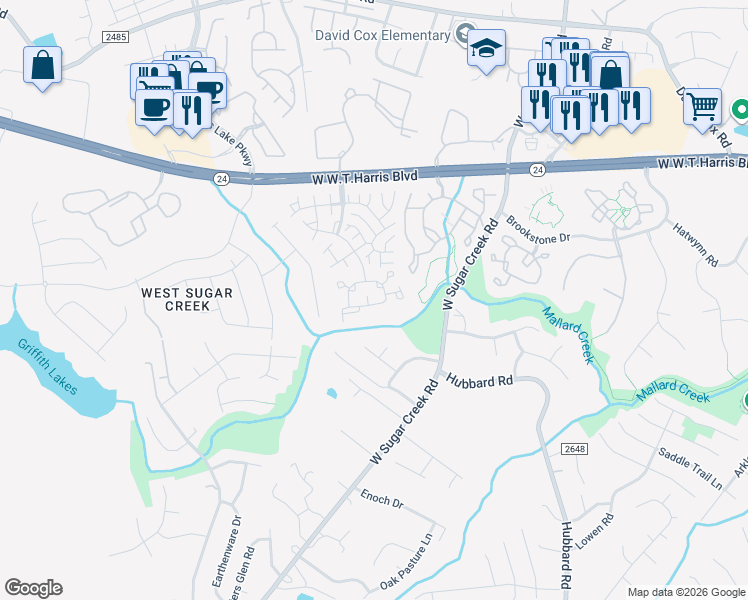 map of restaurants, bars, coffee shops, grocery stores, and more near 5982 Cougar Lane in Charlotte