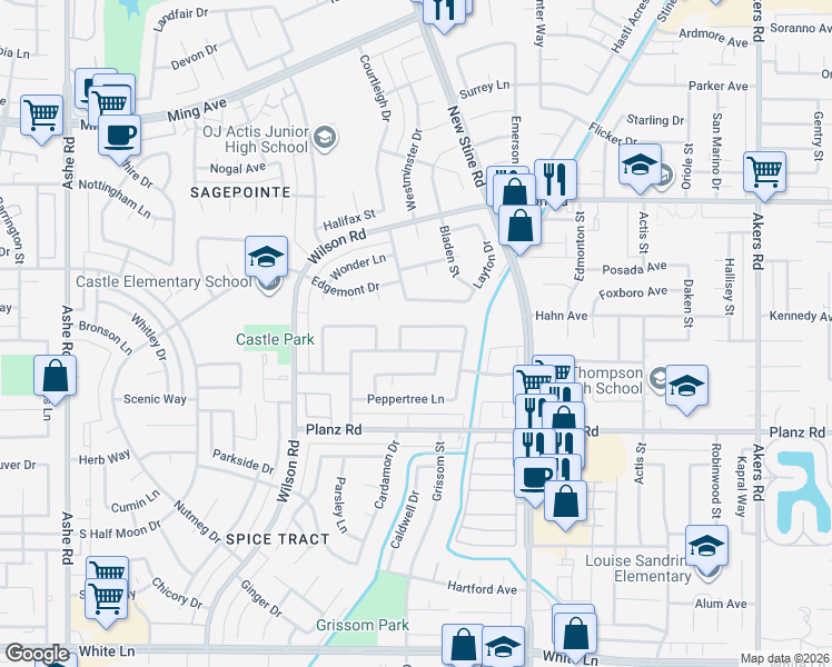 map of restaurants, bars, coffee shops, grocery stores, and more near 5317 Cherry Tree Lane in Bakersfield