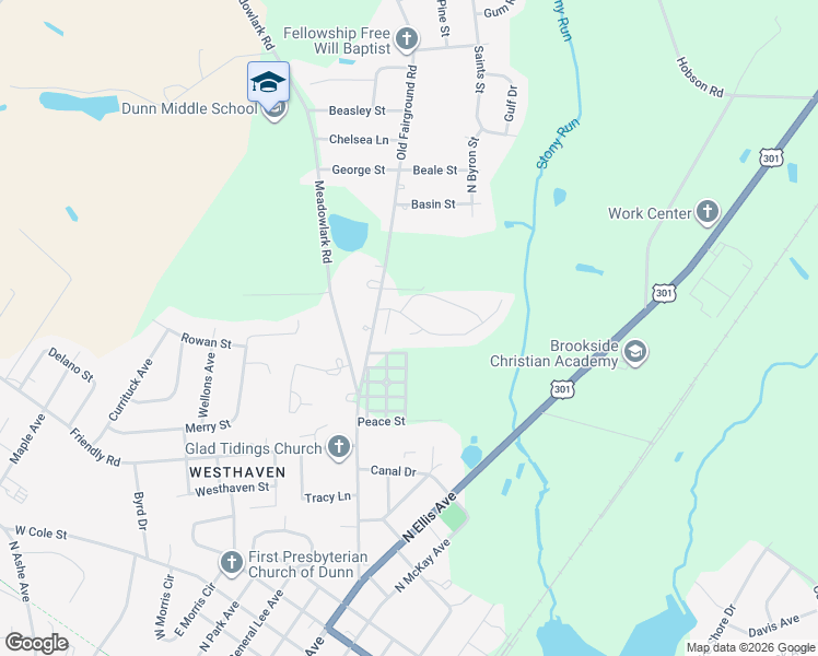 map of restaurants, bars, coffee shops, grocery stores, and more near 100 Rollingwood Drive in Dunn