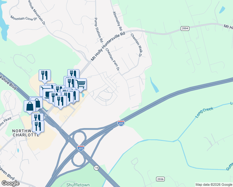 map of restaurants, bars, coffee shops, grocery stores, and more near 10624 Overlook Mountain Drive in Charlotte