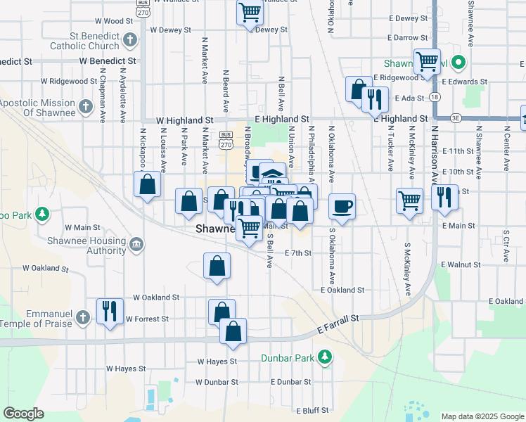 map of restaurants, bars, coffee shops, grocery stores, and more near in Shawnee