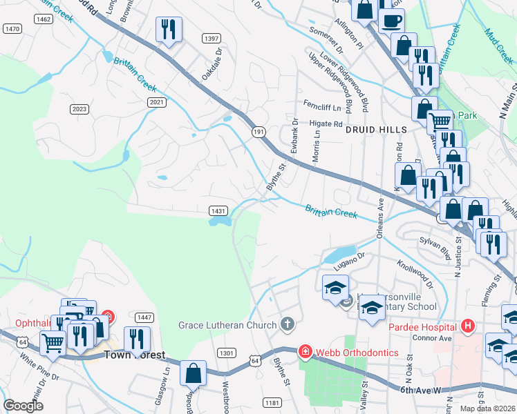 map of restaurants, bars, coffee shops, grocery stores, and more near 520 Britton Creek Drive in Hendersonville