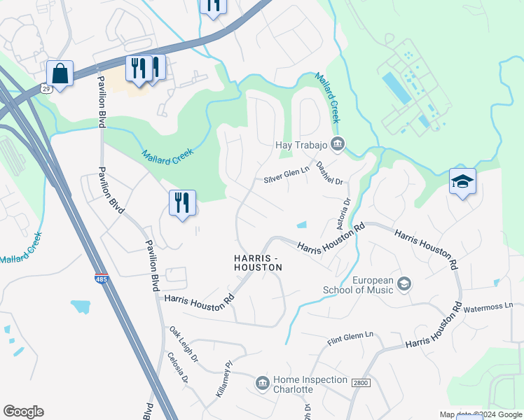 map of restaurants, bars, coffee shops, grocery stores, and more near 3622 Chepstow Court in Charlotte