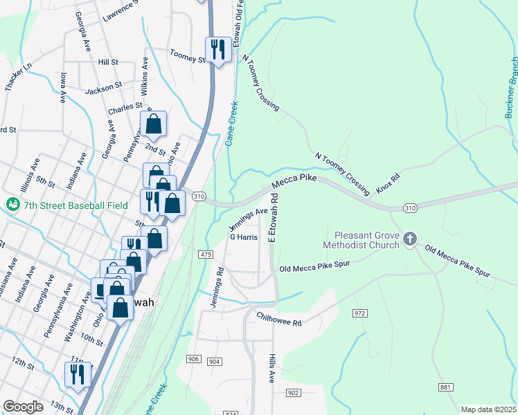map of restaurants, bars, coffee shops, grocery stores, and more near 106 Jennings Avenue in Etowah