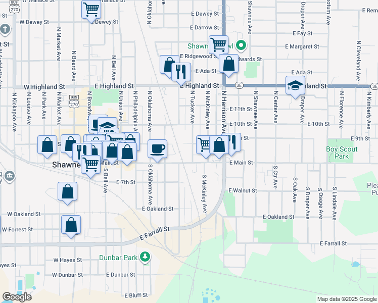 map of restaurants, bars, coffee shops, grocery stores, and more near 120 North Tucker Avenue in Shawnee
