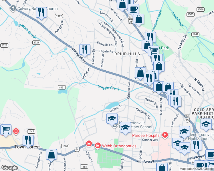 map of restaurants, bars, coffee shops, grocery stores, and more near 1066 Maplewood Court in Hendersonville