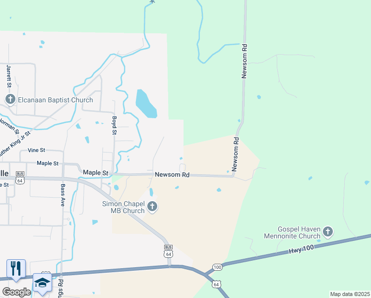map of restaurants, bars, coffee shops, grocery stores, and more near 1055 Newsom Road in Whiteville