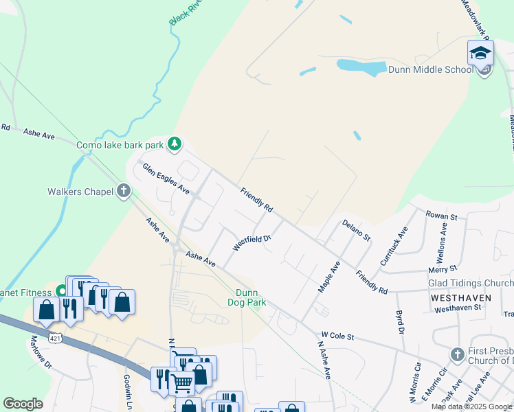 map of restaurants, bars, coffee shops, grocery stores, and more near 1901 Friendly Road in Dunn