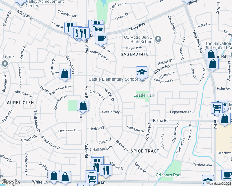 map of restaurants, bars, coffee shops, grocery stores, and more near 3005 North Half Moon Drive in Bakersfield