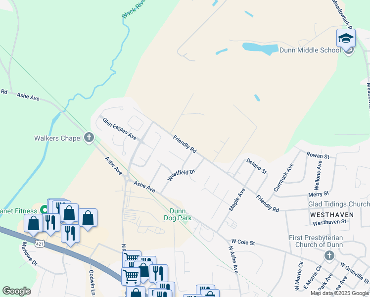 map of restaurants, bars, coffee shops, grocery stores, and more near 1901 Friendly Road in Dunn