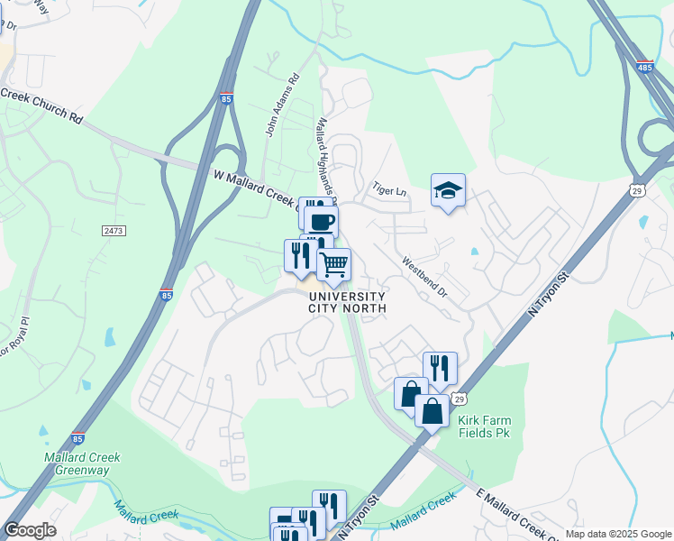 map of restaurants, bars, coffee shops, grocery stores, and more near 623 West Mallard Creek Church Road in Charlotte