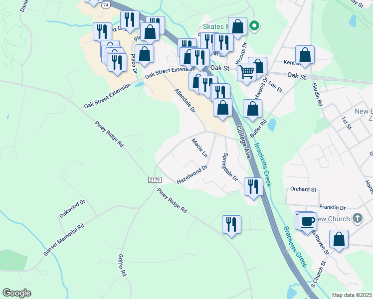 map of restaurants, bars, coffee shops, grocery stores, and more near 513 Butler Road in Forest City