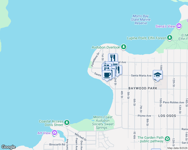 map of restaurants, bars, coffee shops, grocery stores, and more near 1347 Pasadena Drive in Baywood-Los Osos