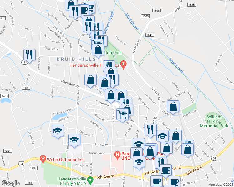map of restaurants, bars, coffee shops, grocery stores, and more near 1418 Oakland Street in Hendersonville