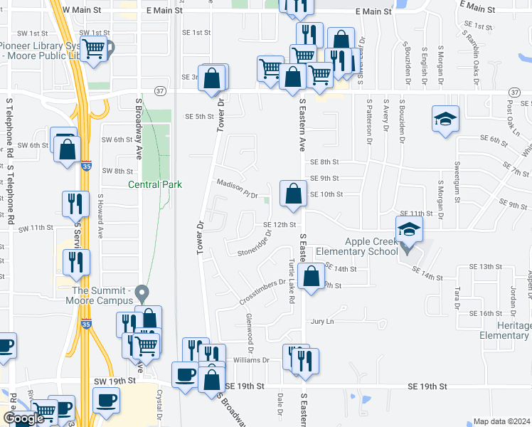 map of restaurants, bars, coffee shops, grocery stores, and more near 1209 Stoneridge Drive in Moore