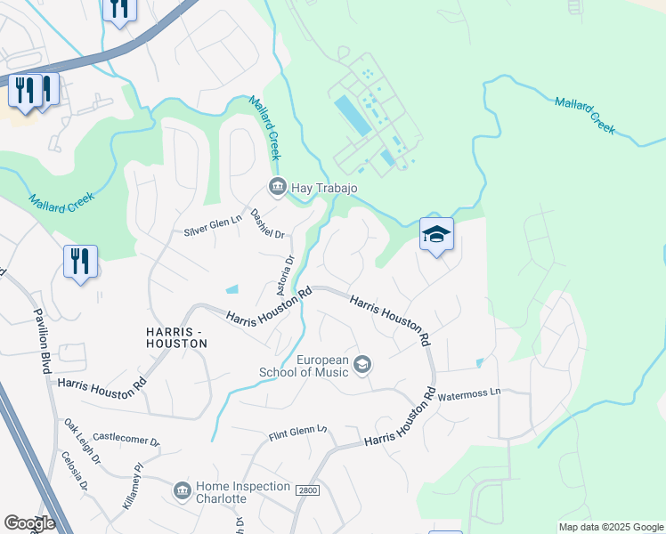 map of restaurants, bars, coffee shops, grocery stores, and more near 3118 Harris Mill Lane in Charlotte