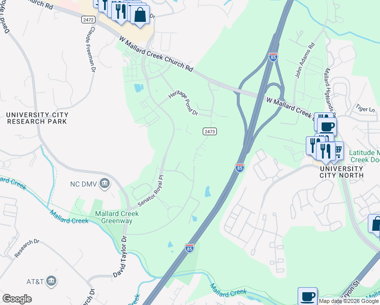map of restaurants, bars, coffee shops, grocery stores, and more near 9134 Legranger Road in Charlotte