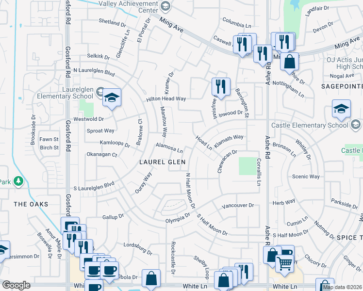 map of restaurants, bars, coffee shops, grocery stores, and more near 3005 Boulder Lane in Bakersfield