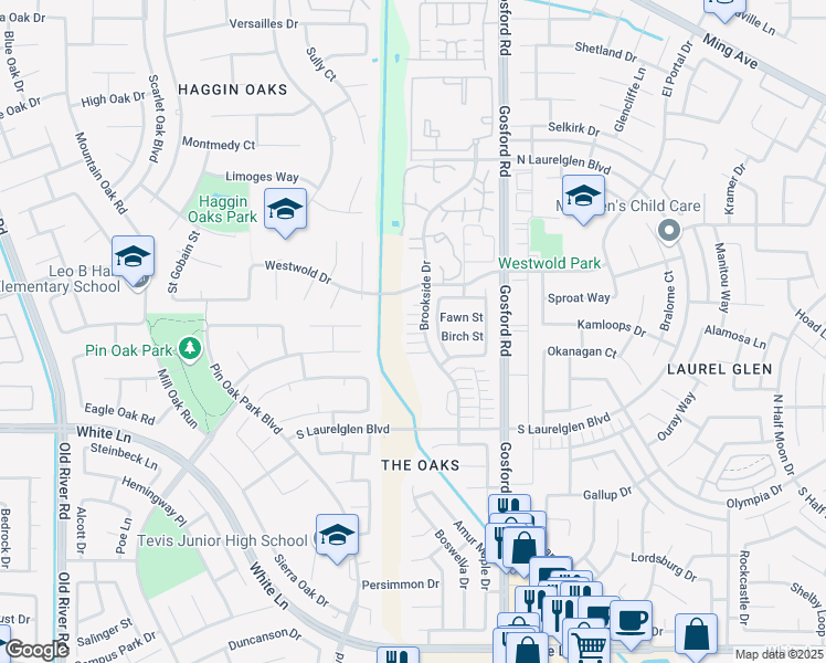 map of restaurants, bars, coffee shops, grocery stores, and more near 2933 Brookside Drive in Bakersfield