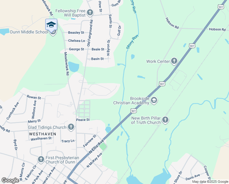 map of restaurants, bars, coffee shops, grocery stores, and more near 108 Brandywood Drive in Dunn