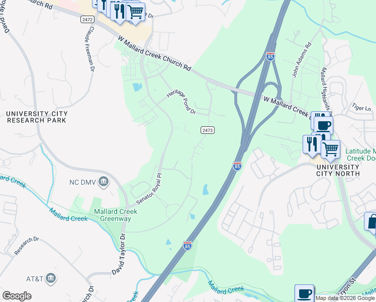 map of restaurants, bars, coffee shops, grocery stores, and more near 9134 Legranger Road in Charlotte