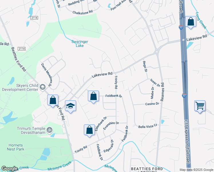 map of restaurants, bars, coffee shops, grocery stores, and more near 9617 Trinity Road in Charlotte