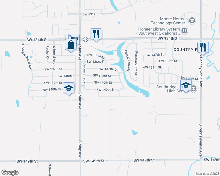 map of restaurants, bars, coffee shops, grocery stores, and more near 2708 Southwest 140th Street in Oklahoma City
