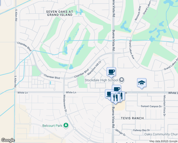 map of restaurants, bars, coffee shops, grocery stores, and more near 11610 Marazion Hill Court in Bakersfield