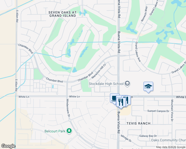 map of restaurants, bars, coffee shops, grocery stores, and more near 11610 Marazion Hill Court in Bakersfield